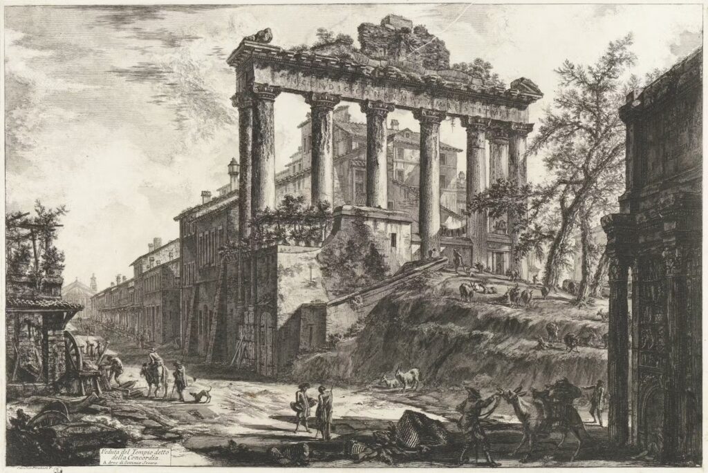 Giovanni Battista Piranesi etchings: Giovanni Battista Piranesi, Veduta del Tempio detto della Concordia, in Le Vedute di Roma, etching, 1774, Uffizi, Florence, Italy.
