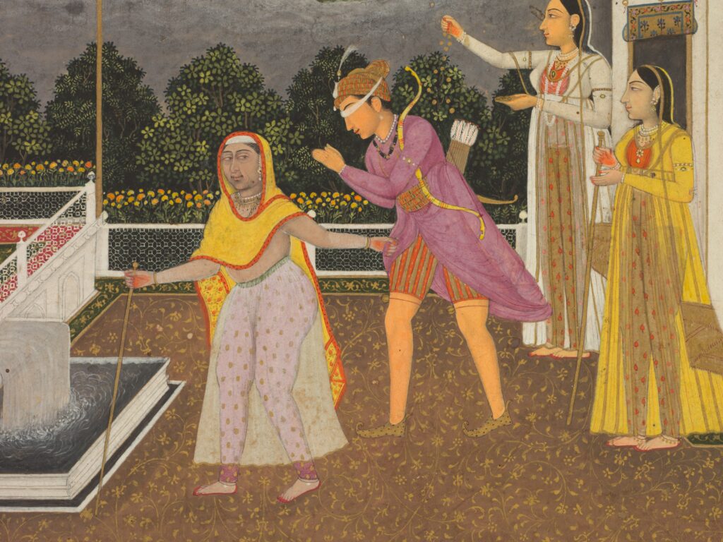 Fayzullah: Fayzullah, A blindfolded suitor is brought before a princess, ca. 1755, Cleveland Museum of Art, Cleveland, OH, USA. Detail.
