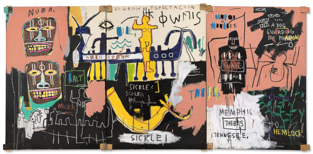 Basquiat Paintings: Basquiat in 5 Paintings: Jean-Michel Basquiat, El Gran Espectaculo (The Nile), 1983, acrylic and oilstick on canvas, private collection. Christie’s.
