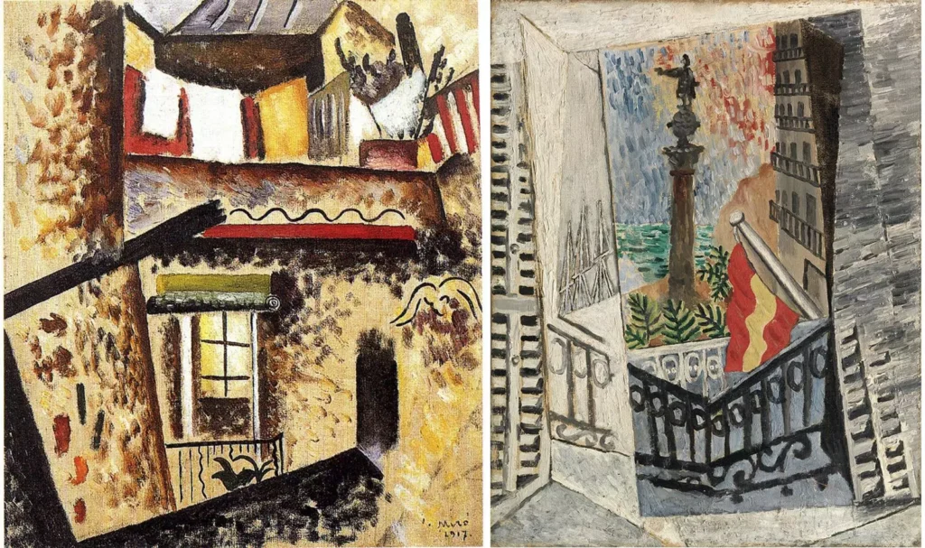 Miró and Picasso: Joan Miró, Le balcon, Baix de Sant Pere, 1917, Miró Foundation Barcelona, Spain | Pablo Picasso, El passeig de Colom, 1917, Picasso Museum, Barcelona, Spain
