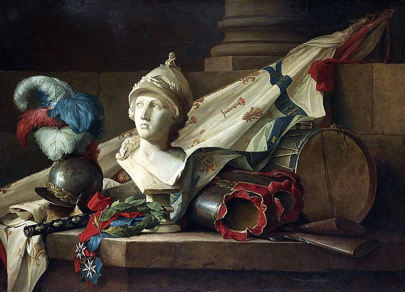 anne vallayer-coster: Anne Vallayer-Coster, A Bust of Minerva with Armour and Weapons on a Stone Ledge, 1777 (Wikimedia Commons)
