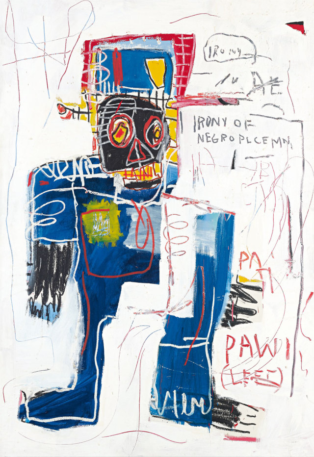 Basquiat Paintings: Basquiat in 5 Paintings: Jean-Michel Basquiat, Irony of Negro Policeman, 1981, acrylic and oilstick on wood, private collection. Phillips.
