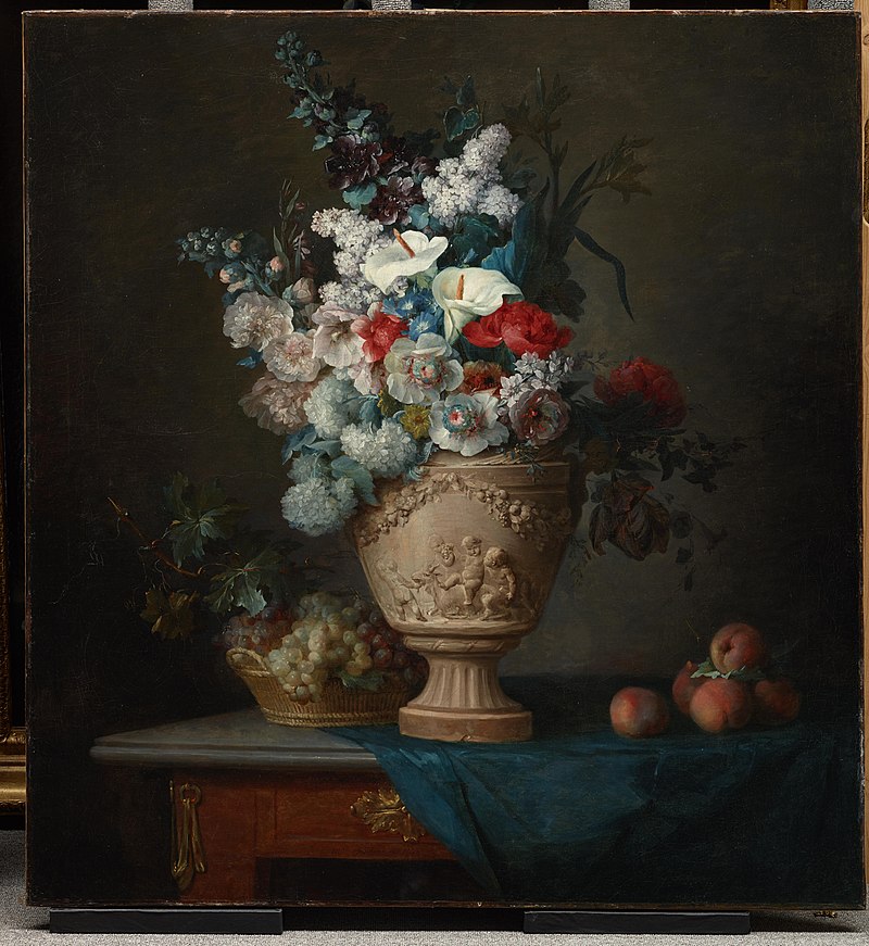 anne vallayer-coster: Anne Vallayer-Coster, Bouquet of Flowers in a Terracotta Vase with Peaches and Grapes, 1776, Dallas Museum of Art, Texas, USA
