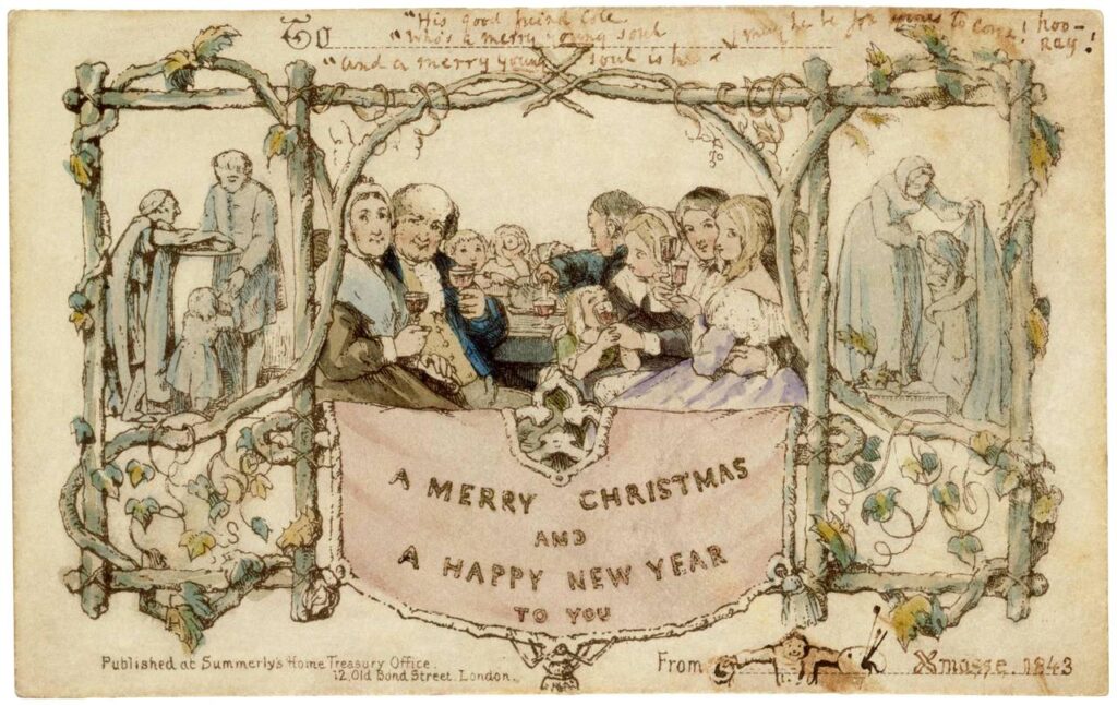 Christmas cards made by artists: Christmas Cards Made by Artists: John Callcott Horsley, The World’s First Christmas Card, 1843, lithography, © Victoria and Albert Museum, London, UK, via Wikipedia.
