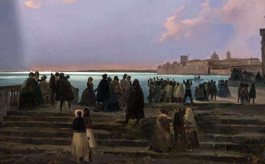 Ippolito Caffi: Ippolito Caffi, The Solar Eclipse in Venice on July 8, 1842, ca. 1842, private collection. Detail of the observers.
