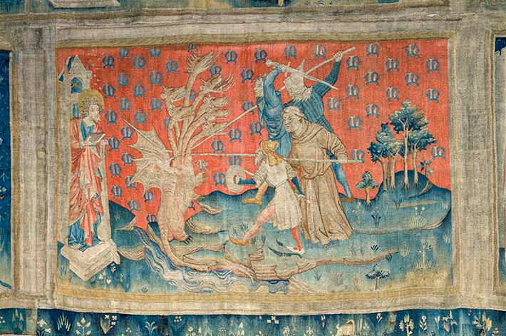 The Apocalypse Tapestry: Jean Bondol and Nicholas Bataille, The Apocalypse Tapestry, “The dragon fights the servants of God,” 1377-1382, Château d’Angers, Angers, France. Caroline Rose / Centre des monuments nationaux.
