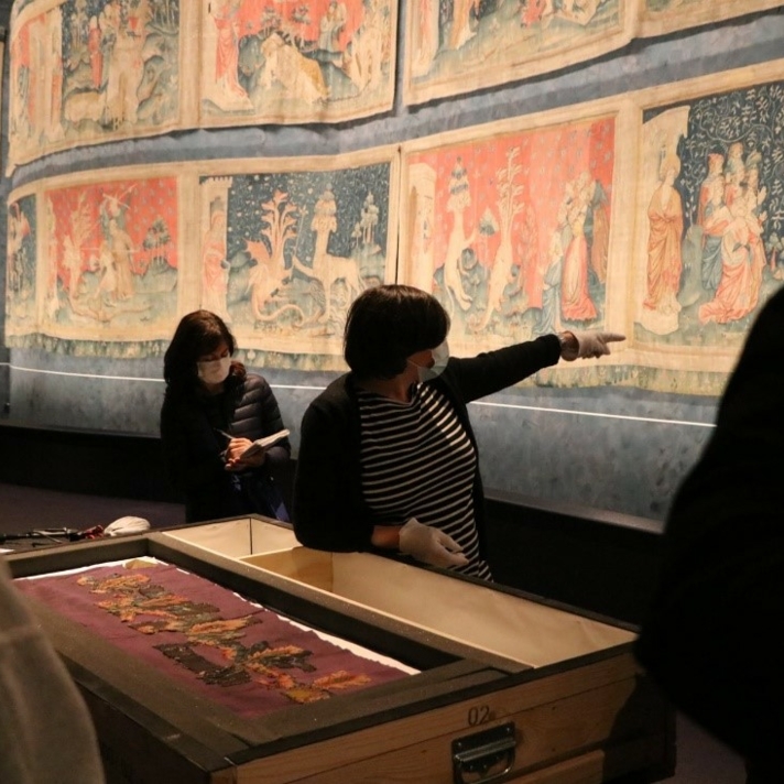 The Apocalypse Tapestry: Image of The Apocalypse Tapestry fragments returning to the château in 2021. Emma Fonteneau / Domaine national du château d’Angers.
