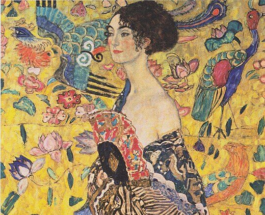 final painting: Gustav Klimt, Dame mit Fächer (Lady with a Fan), 1917-1918, private collection. Photograph by Markus Guschelbauer via Belvedere.
