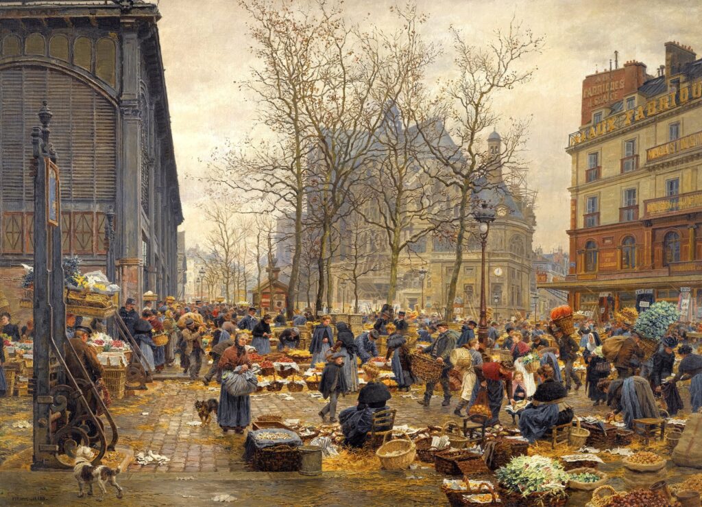 sellers: Marie-François Firmin-Girard, Autumn Market at Les Halles, ca. 1860 to 1910, private collection. Wikimedia Commons (public domain).

