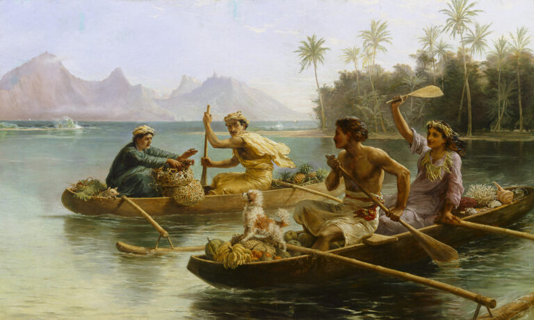 sellers: Nicholas Chevalier, Race to the Market, Tahiti, ca. 1880. Art Gallery of New South Wales, Sydney Australia via Wikimedia Commons (Public Domain).
