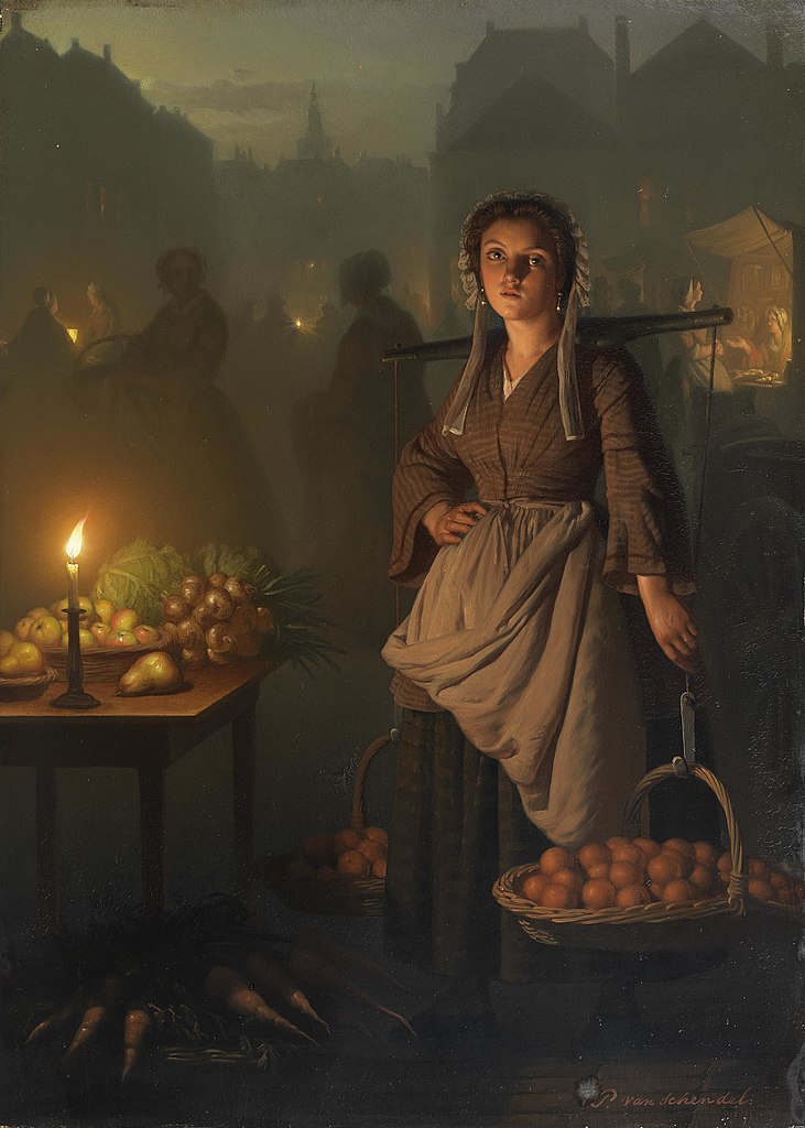 sellers: Petrus van Schende, Market by Candlelight, ca. 1865, private collection. Wikimedia Commons (Public Domain).
