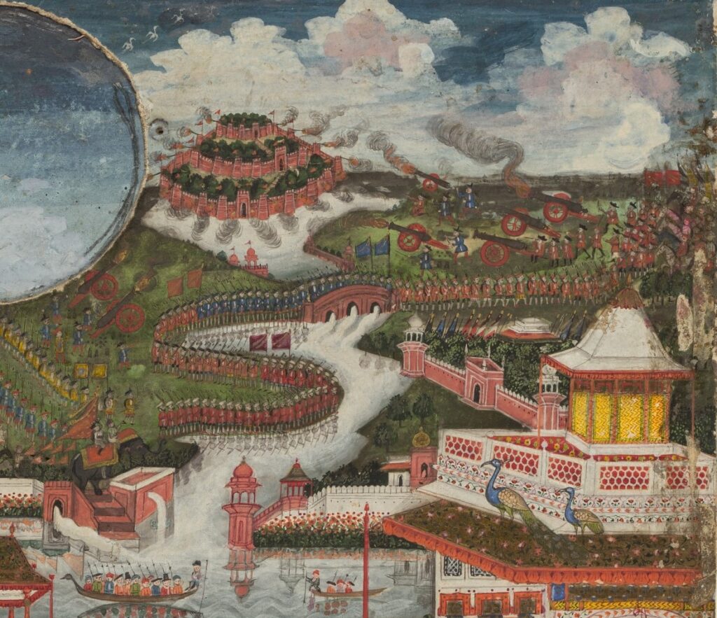 Fayzullah: Fayzullah, Women bathing before an architectural panorama, ca. 1765, Cleveland Museum of Art, Cleveland, OH, USA. Detail of the battle.
