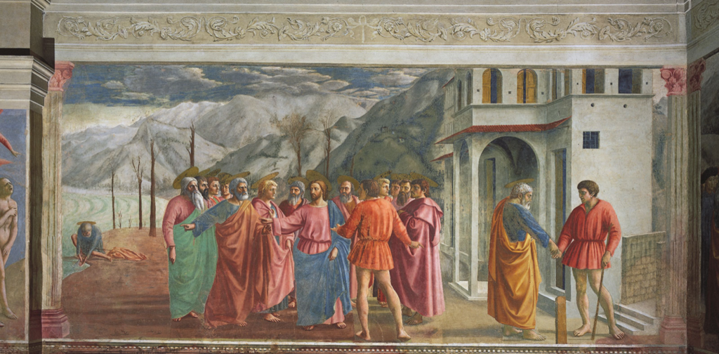 Florence Frescoes: Masaccio, Tribute Money, c. 1425, fresco, Brancacci Chapel, Santa Maria del Carmine, Florence, Italy.

