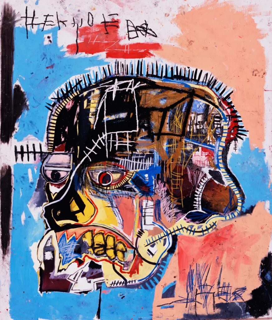 Basquiat Paintings: Basquiat in 5 Paintings: Jean-Michel Basquiat, Untitled (Skull), 1981, acrylic and oilstick on canvas. © The Estate of Jean-Michel Basquiat. Licensed by Artestar, New York, Douglas M. Parker Studio, Los Angeles. The Broad.
