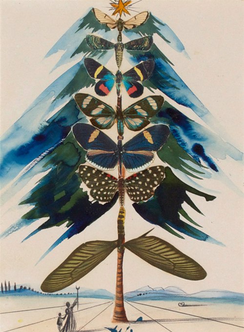 Christmas cards made by artists: Christmas Cards Made by Artists: Salvador Dalí, Christmas Tree of Butterflies, 1959, watercolor on paper, Hallmark Art Collection.
