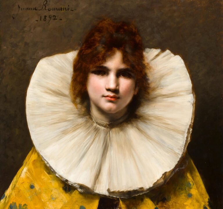 Juana Romani: Juana Romani, Young Girl with a Ruffled Collar (Rosina), 1892, Unknown Location, Wikimedia commons (public domain). Detail.
