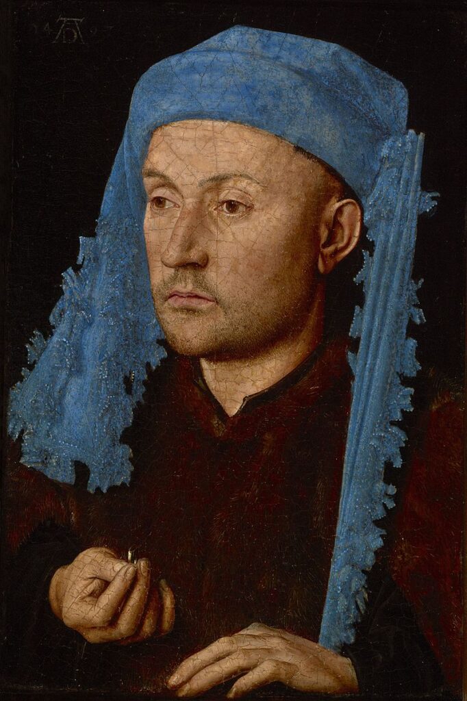 art forgery: Jan van Eyck, Portrait of a Man with a Blue Chaperon, 1430, Brukenthal National Museum, Sibiu, Romania.
