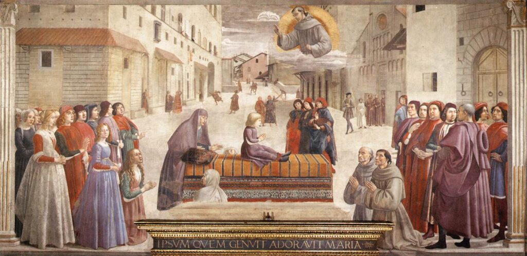 Florence Frescoes: Domenico Ghirlandaio, Resurrection of the Notary’s Son, 1479-1485, fresco, Sassetti Chapel, Santa Trinita, Florence, Italy.
