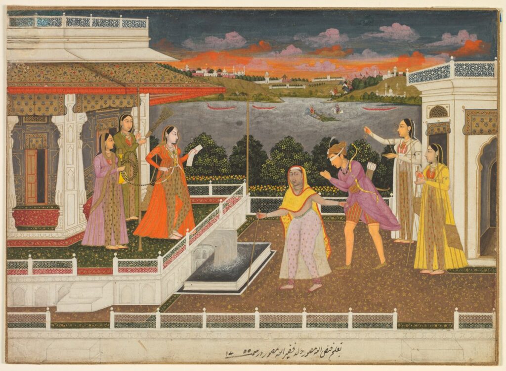 Fayzullah: Fayzullah, A blindfolded suitor is brought before a princess (recto), ca. 1755, Cleveland Museum of Art, Cleveland, OH, USA.
