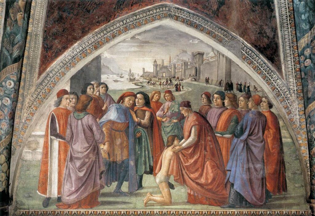 Florence Frescoes: Domenico Ghirlandaio, Renunciation of the Worldly Goods, 1479-1485, fresco, Sassetti Chapel, Santa Trinita, Florence, Italy.
