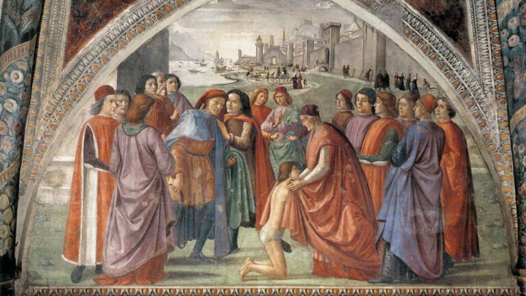 Florence Frescoes: Domenico Ghirlandaio, Renunciation of the Worldly Goods, 1479–85, fresco, Sassetti Chapel, Santa Trinita, Florence, Italy.
