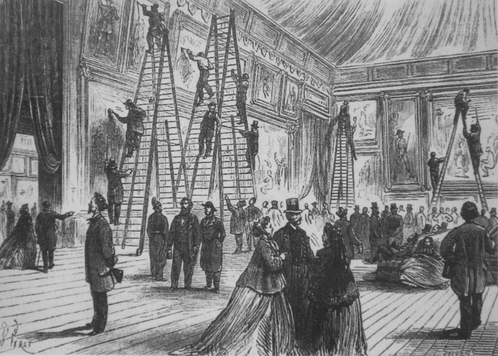 reluctant bride: B. Perat, Varnishing at the Salon, 1866. Wikimedia Commons (public domain).
