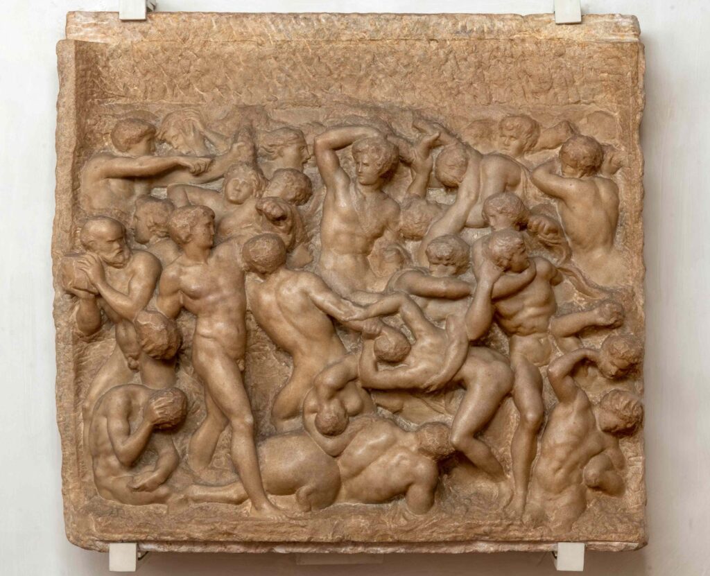 Michelangelo forger of antiques: Michelangelo, Battle of the Centaurs, 1492, Casa Buonarroti, Florence, Italy.
