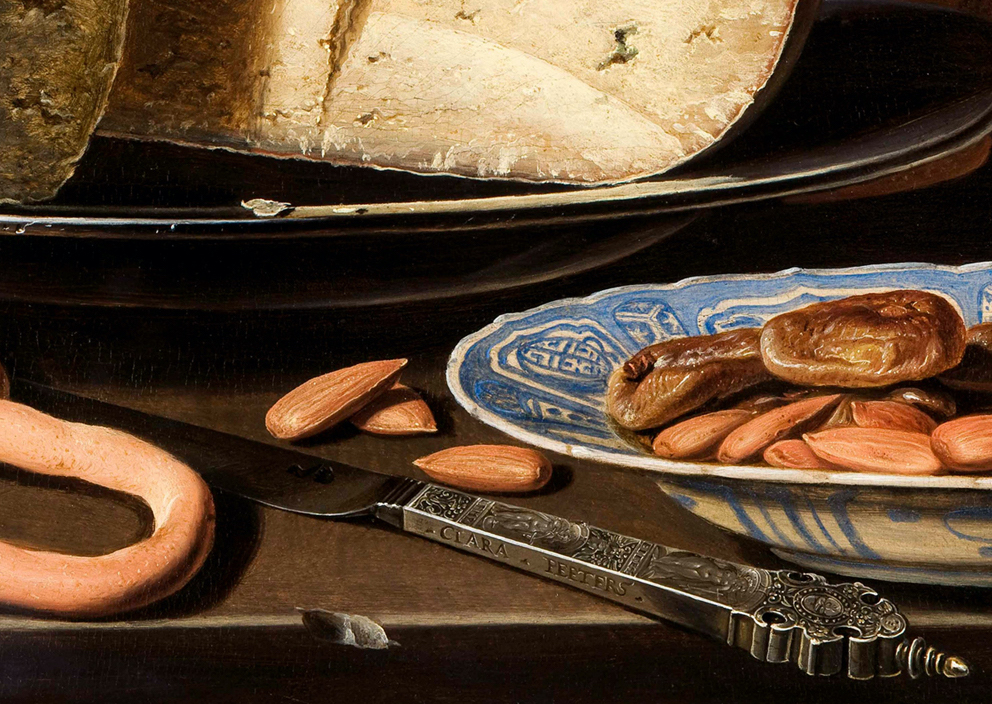 Dutch Golden Age Women: Clara Peeters, Still Life with Cheeses, Almonds, and Pretzels, c. 1615, Mauritshuis, The Hague, Netherlands. Detail.
