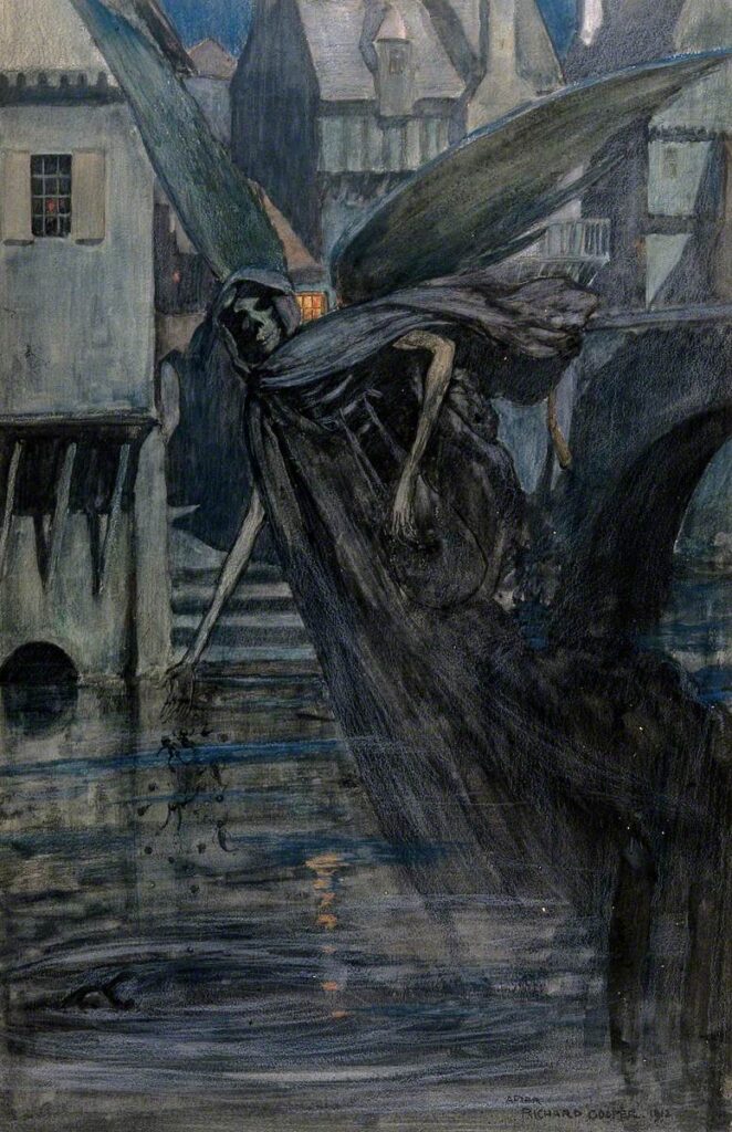 angels in art: Richard Tennant Cooper, The Angel of Death, a Winged Skeletal Creature, Drops Some Deadly Substances into a River near a Town; Representing Typhoid, 1912, England, Wellcome Collection, London, UK.
