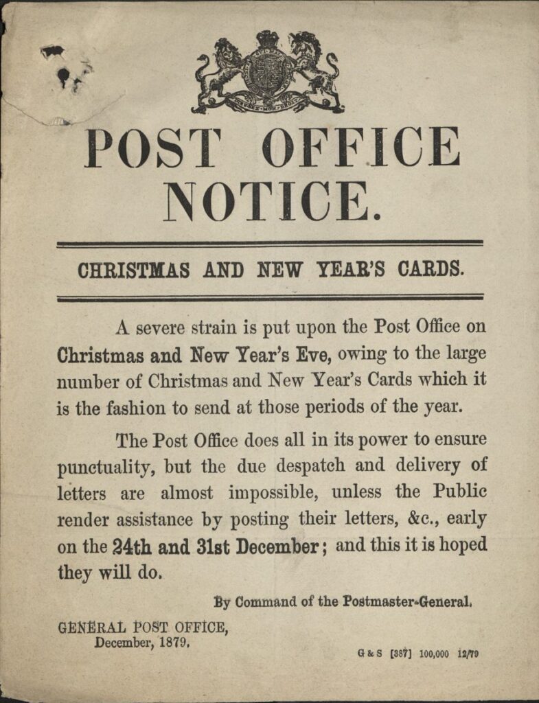 Victorian Christmas cards: Notice re Posting Early for Christmas, Dec 1879 (POST 30/407C), Royal Mail Group, courtesy of The Postal Museum.
