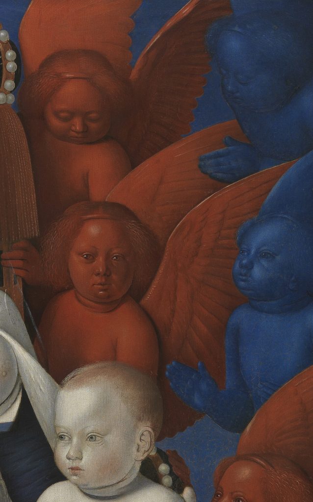 Jean Fouquet: Jean Fouquet, Virgin and Child Surrounded by Angels, ca. 1450s, Royal Museum of Fine Arts Antwerp, Antwerp, Belgium. Detail.
