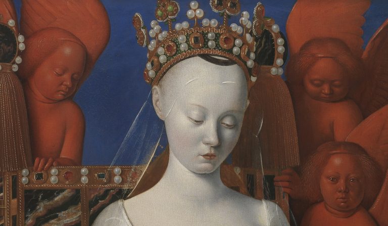 Jean Fouquet: Jean Fouquet, Virgin and Child Surrounded by Angels, ca. 1450s, Royal Museum of Fine Arts Antwerp, Antwerp, Belgium. Detail.
