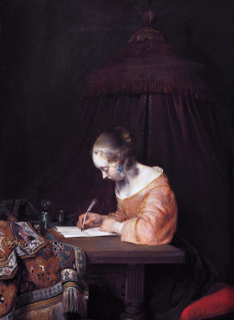 Dutch Golden Age Women: Gerard ter Borch, A Woman Writing a Letter, c. 1655, Mauritshuis, The Hague, Netherlands.
