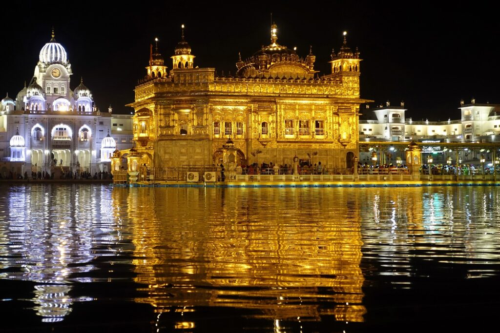 golden temple: View of the Golden Temple in Amritsar, India. Photograph by Marsmux in March 2018 via Wikimedia Commons (CC-BY-SA-4.0).
