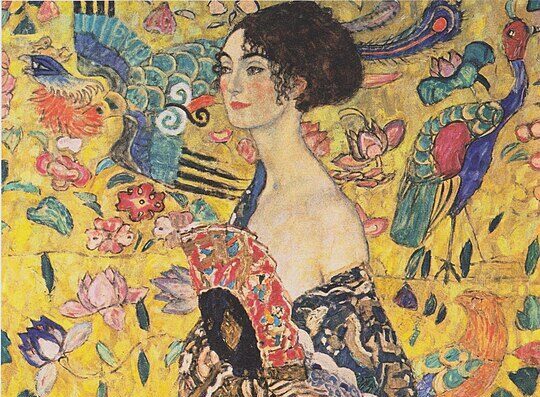 final painting: Gustav Klimt, Dame mit Fächer (Lady with a Fan), 1917-1918, private collection. Photograph by Markus Guschelbauer via Belvedere. Detail.
