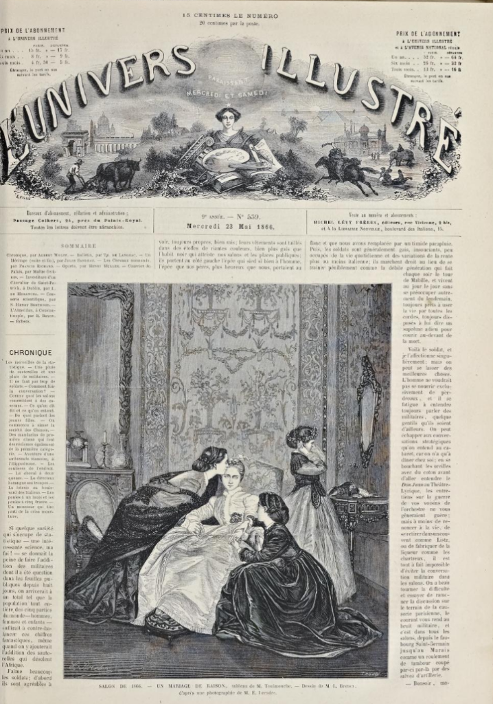 reluctant bride: M. L. Breton, after Auguste Toulmouche, A Marriage of Convenience, 1866, L’Univers Illustrée.
