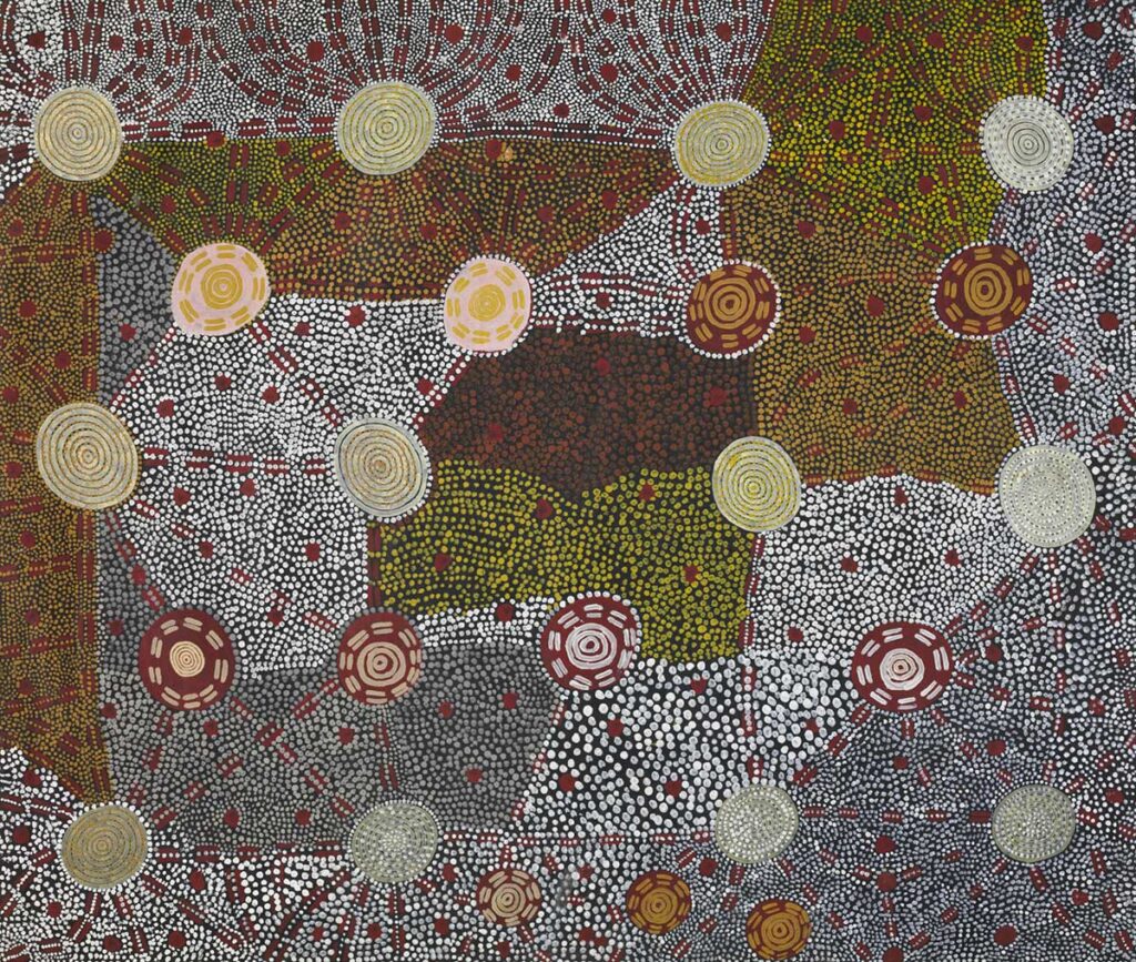 queer mythological characters: Kaapa Tjampitjinpa, Watunuma, (Warturnuma), (Flying Ant Dreaming), 1976, synthetic polymer paint on canvas, National Museum of Australia, C
