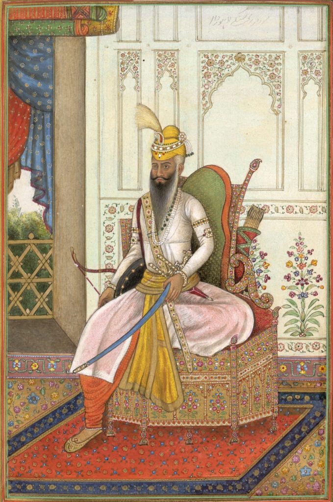 golden temple: Illustration of Maharaja Ranjit Singh from Colonel James Skinner’s Tazkirat al-Umara, ca. 1830. British Library via Wikimedia Commons (Public Domain).
