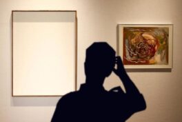A person looking at the empty painting frame.