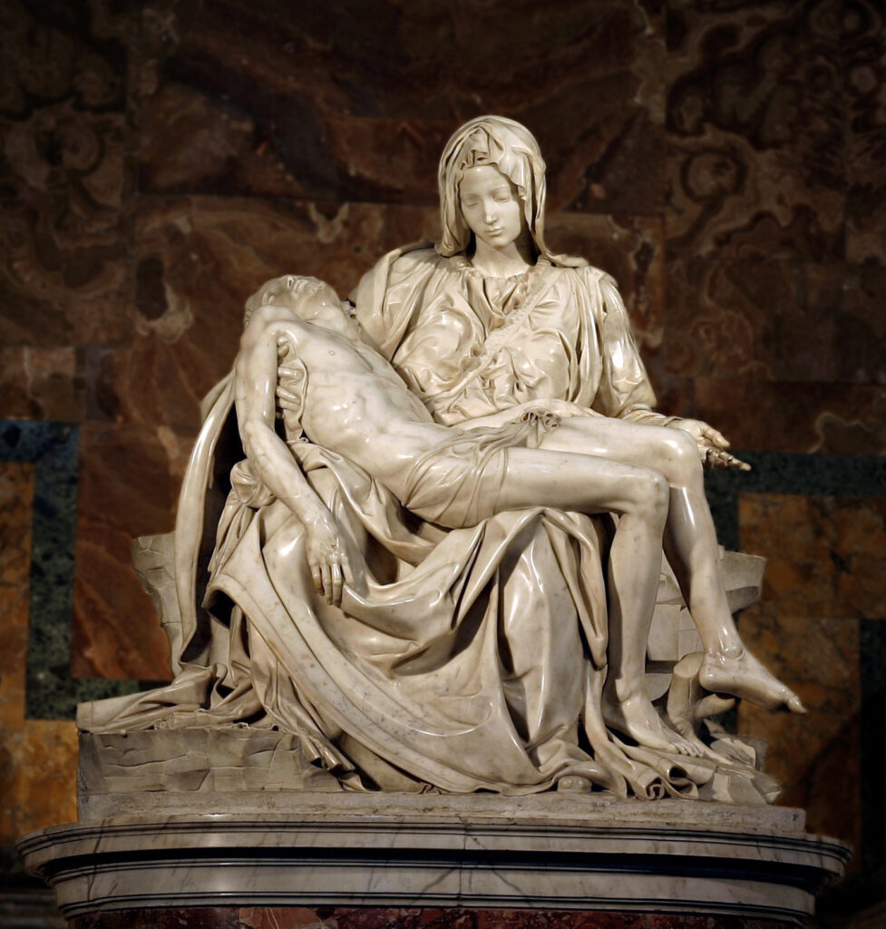 Michelangelo forger of antiques: Michelangelo, Madonna della Pietà (Our Lady of Piety), 1498–1499, Saint Peter’s Basilica, Vatican City, Vatican.
