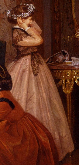 reluctant bride: Auguste Toulmouche, The Reluctant Bride, 1866, private collection. Wikimedia Commons (public domain). Detail.
