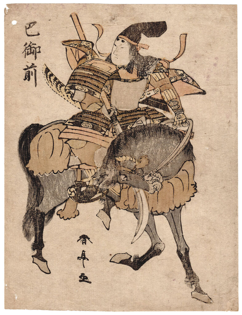 onna musha: Katsukawa Shuntei, The Female Samurai Tomoe Gozen, 1804-1843, woodblock print. Miwa Japaneze Art.

