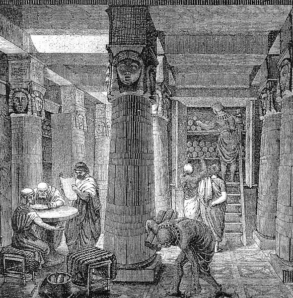 beautiful libraries: O. Von Corven, The Great Library of Alexandria, 19th century. Photo by Igor Merit Santos via Wikimedia Commons (CC BY-SA 4.0).
