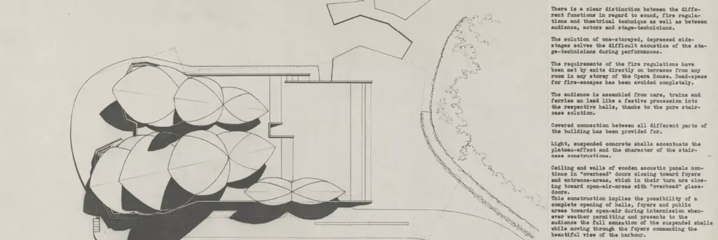Sydney Opera House: Jørn Utzon, Competition drawing, 1956, State Archives and Records Authority of New South Wales, Kingswood, Australia. Sydney Opera House.
