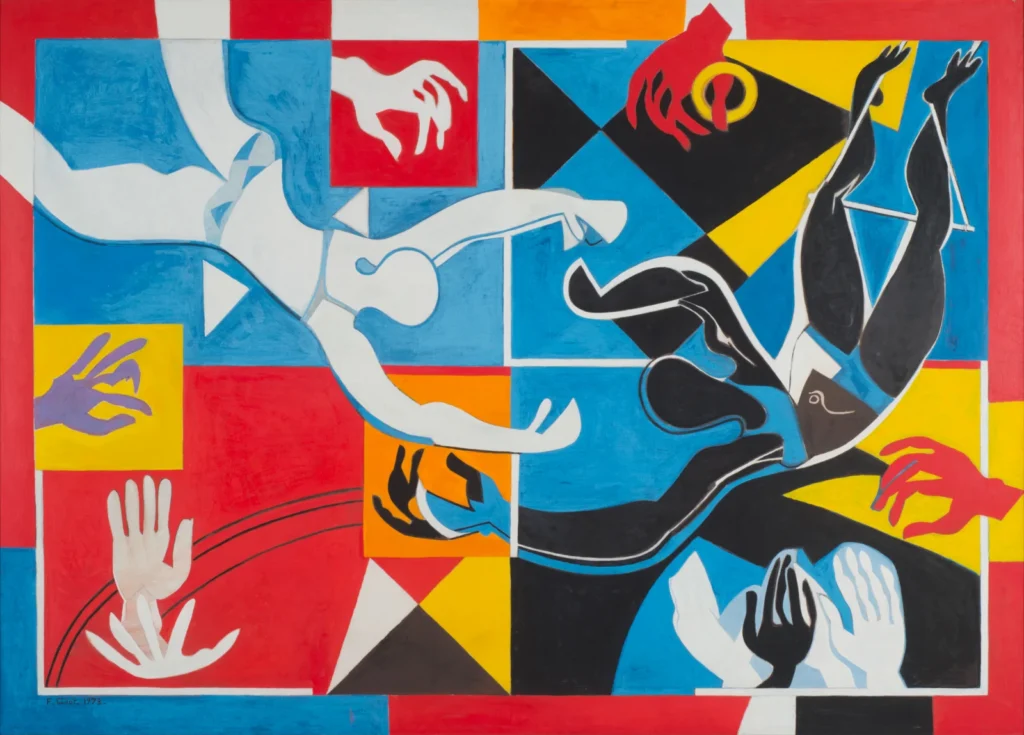 Controversial artists: Francoise Gilot, Applause Blue Acrobats, 1973, Weinstein Gallery, San Francisco, CA, USA.

