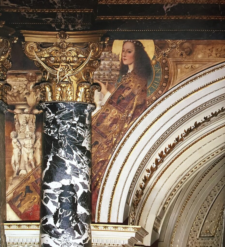 gustav klimt: Gustav Klimt, The Quattrocento in Rome and in Venice. Ecclesia, 1890-1891, Kunsthistorisches Museum, Vienna, Austria. Photograph by Culturawiki via Wikimedia Commons (CC BY-SA 4.0).
