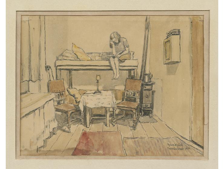 Malva Schalek: Malva Schalek, Interior of a Room in the Theresienstadt Ghetto, 1944, private collection. Kedem Auction House.
