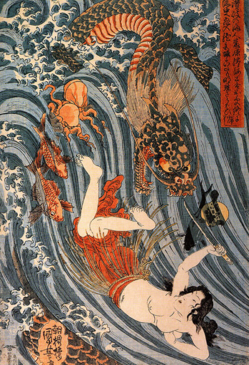 Asian Dragons: Utagawa Kuniyoshi, Tamatori Escaping the Dragon King with the Treasure Pearl, 19th century.
