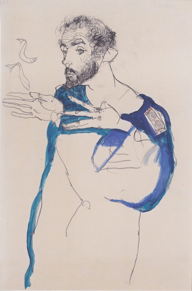 gustav klimt: Egon Schiele, Klimt in a Light Blue Smock, 1913, Wikipedia.
