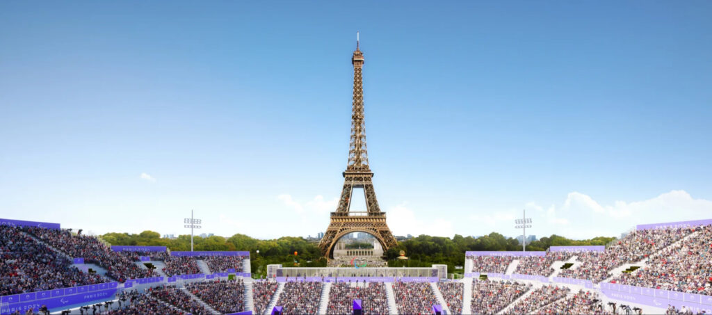 Paris 2024: Eiffel Tower Stadium, Paris 2024. Screenshot via Paris2024.org.
